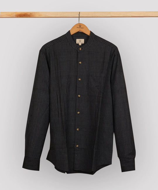 Dark blue stripes mandarin collar cotton shirt