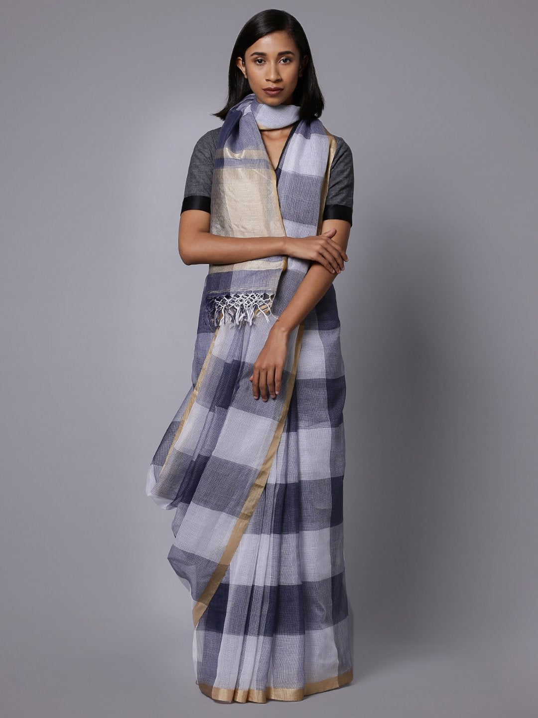 Blue white checks handloom cotton silk saree