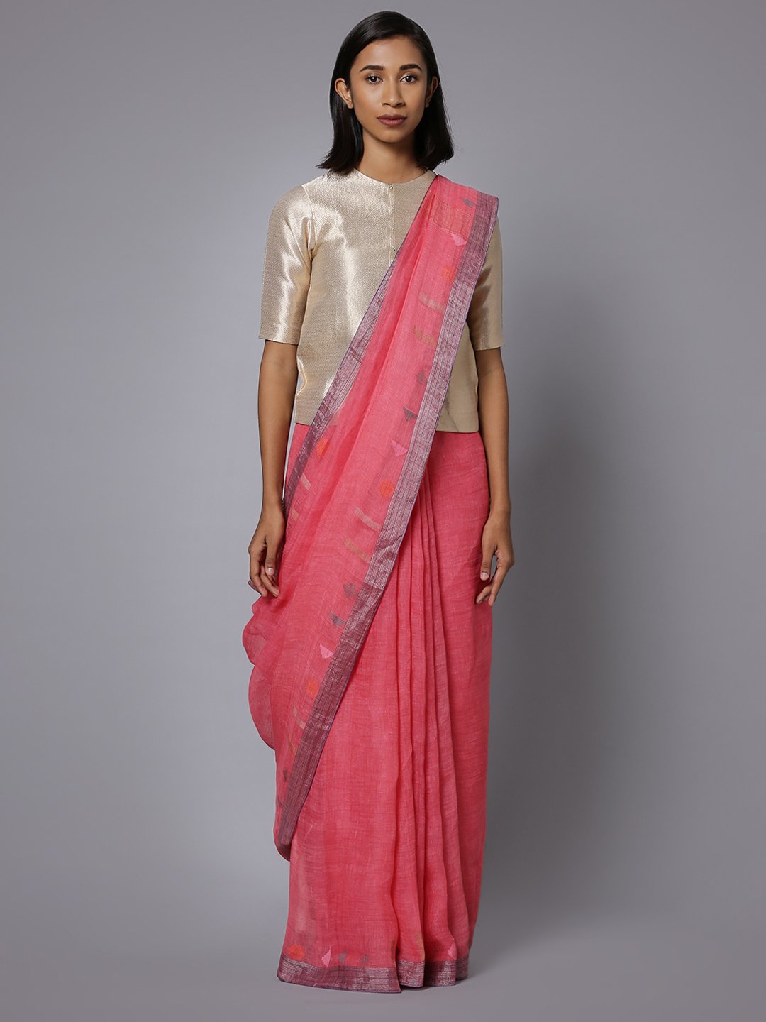 Pink jamdani linen bengal handloom saree