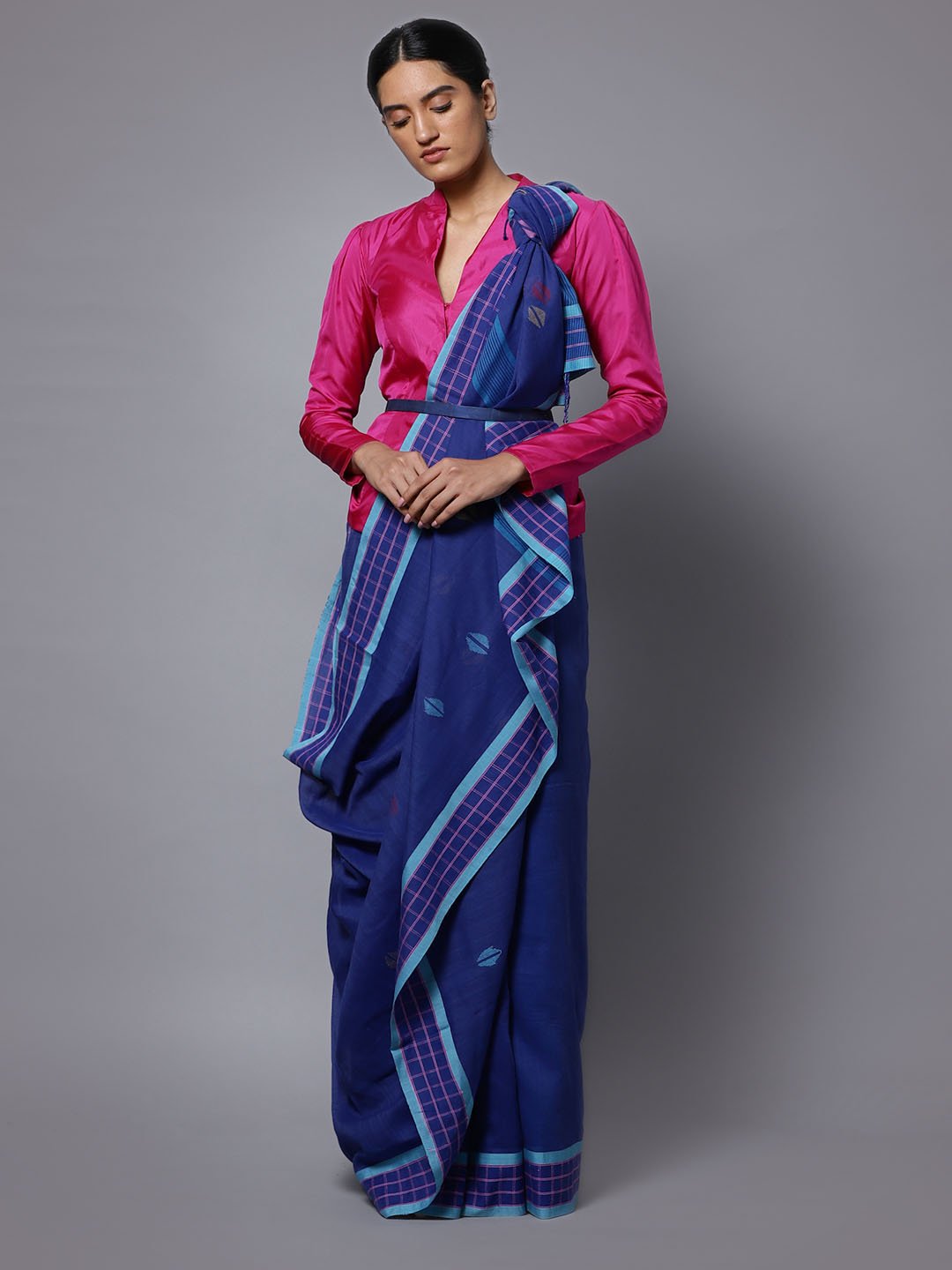 Navy blue handloom phulia cotton saree