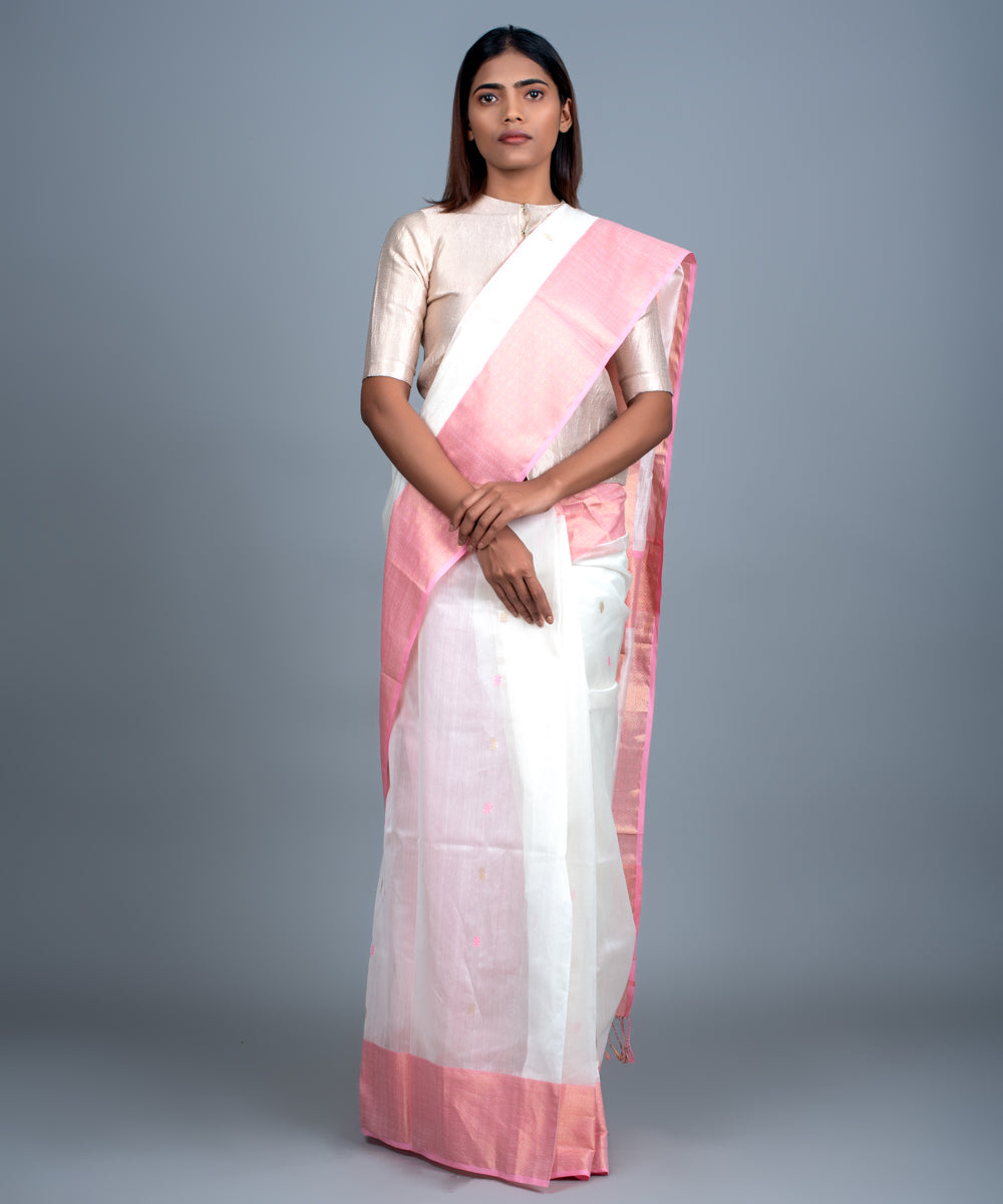 White pink handwoven maheshwari cotton silk saree