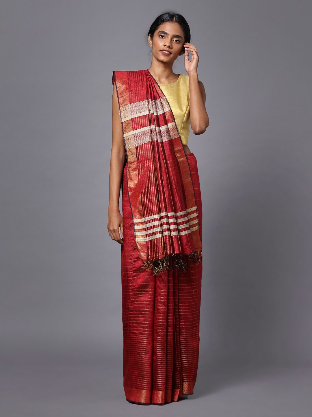 Red maroon handloom tussar silk saree
