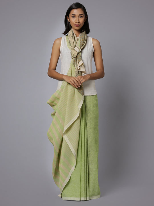 Handblock printed light green cotton saree