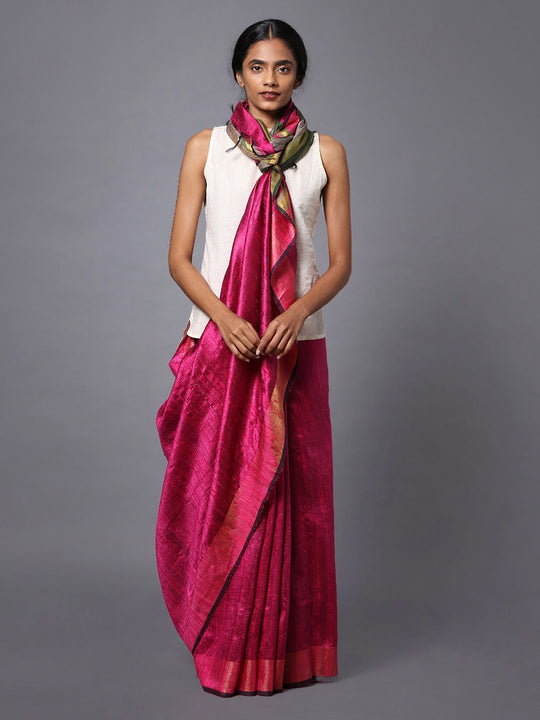 Magenta pink handloom tussar silk saree