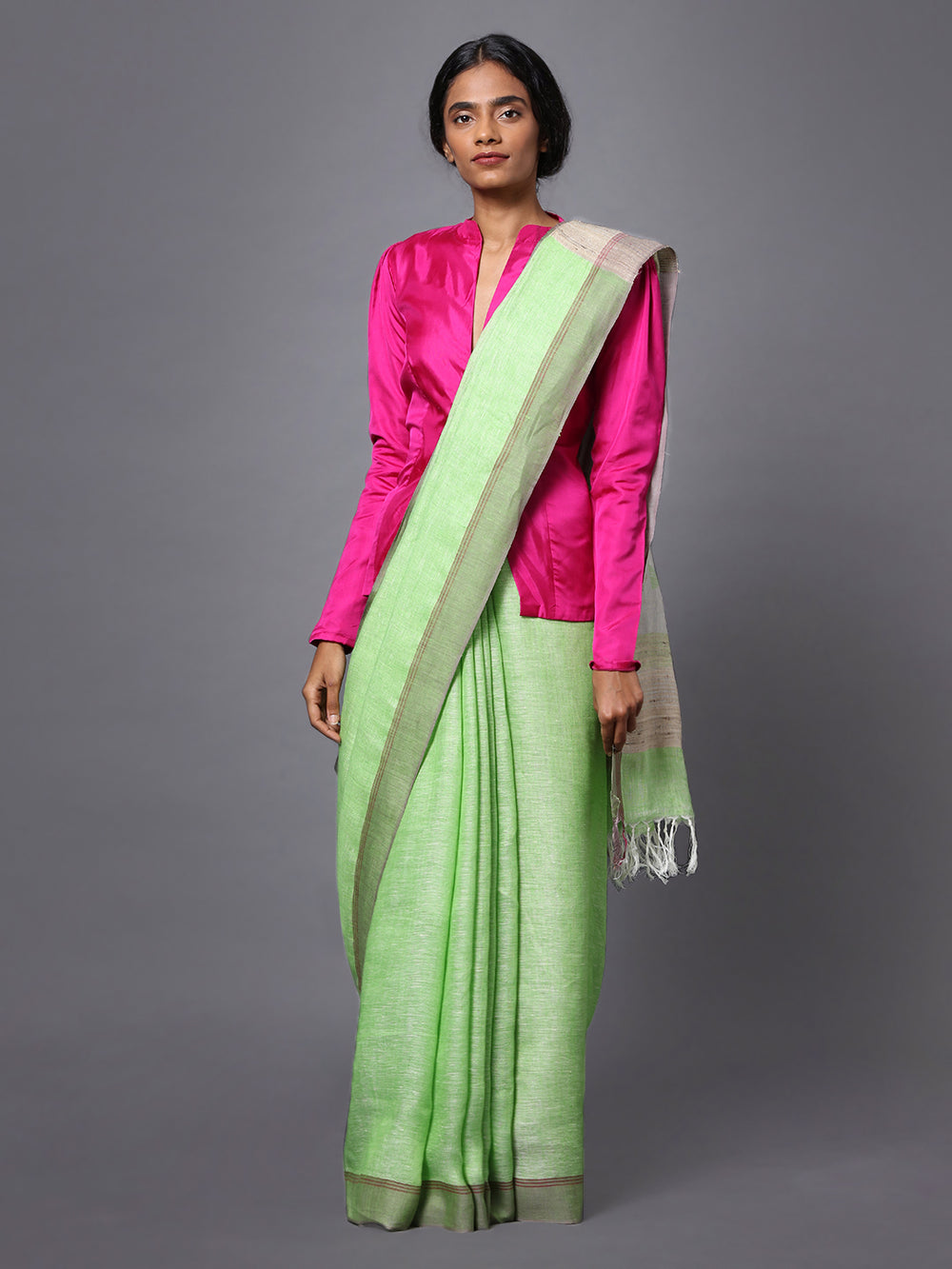 Light Green Handloom Jamdani Linen Saree