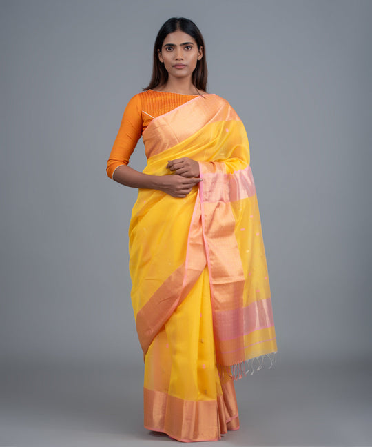 Yellow pink handwoven maheshwari cotton silk saree