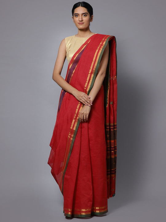 Red hand embroidery cotton saree
