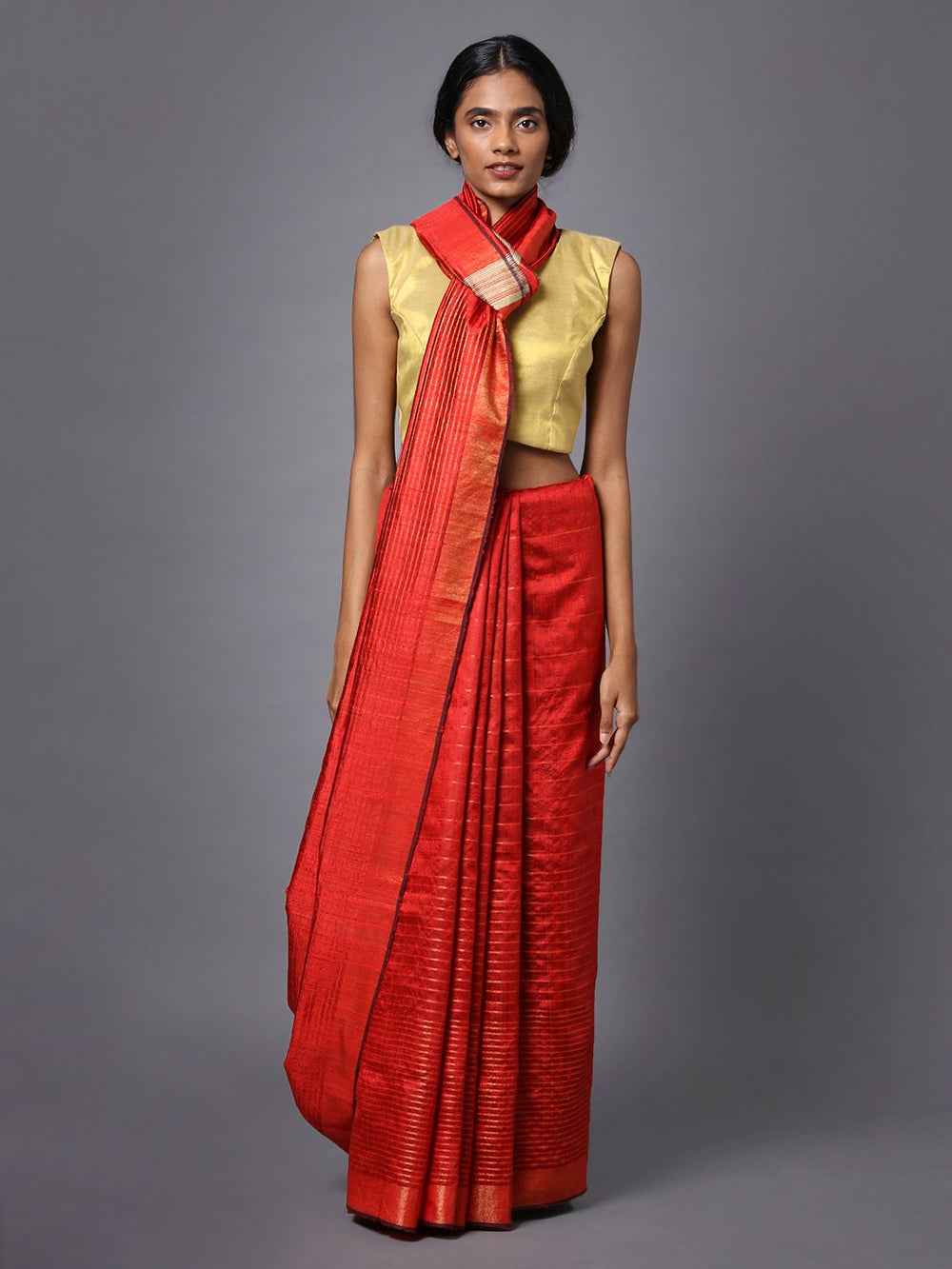 Red orange handloom tussar silk saree