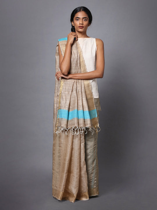 Handloom light brown tussar silk saree
