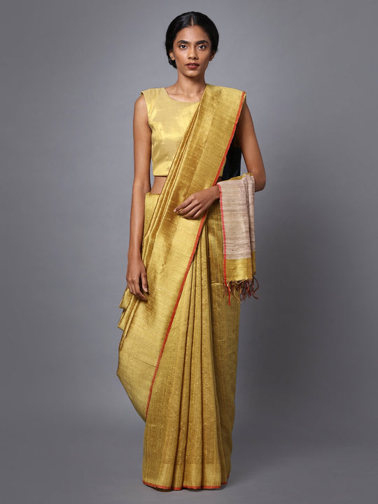 Golden yellow handloom tussar silk saree