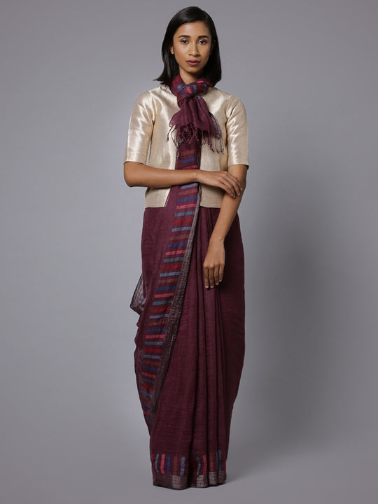 Wine color jamdani handloom linen saree