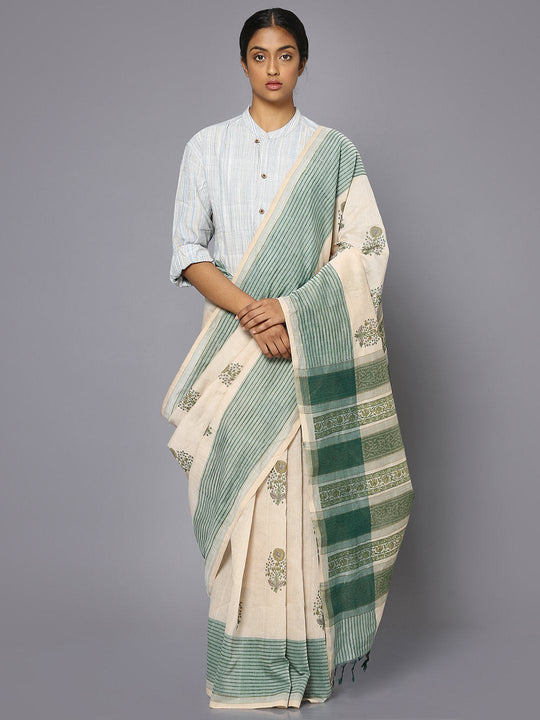 Off white & green block print cotton saree
