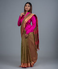 Green pink handwoven maheshwari cotton silk saree