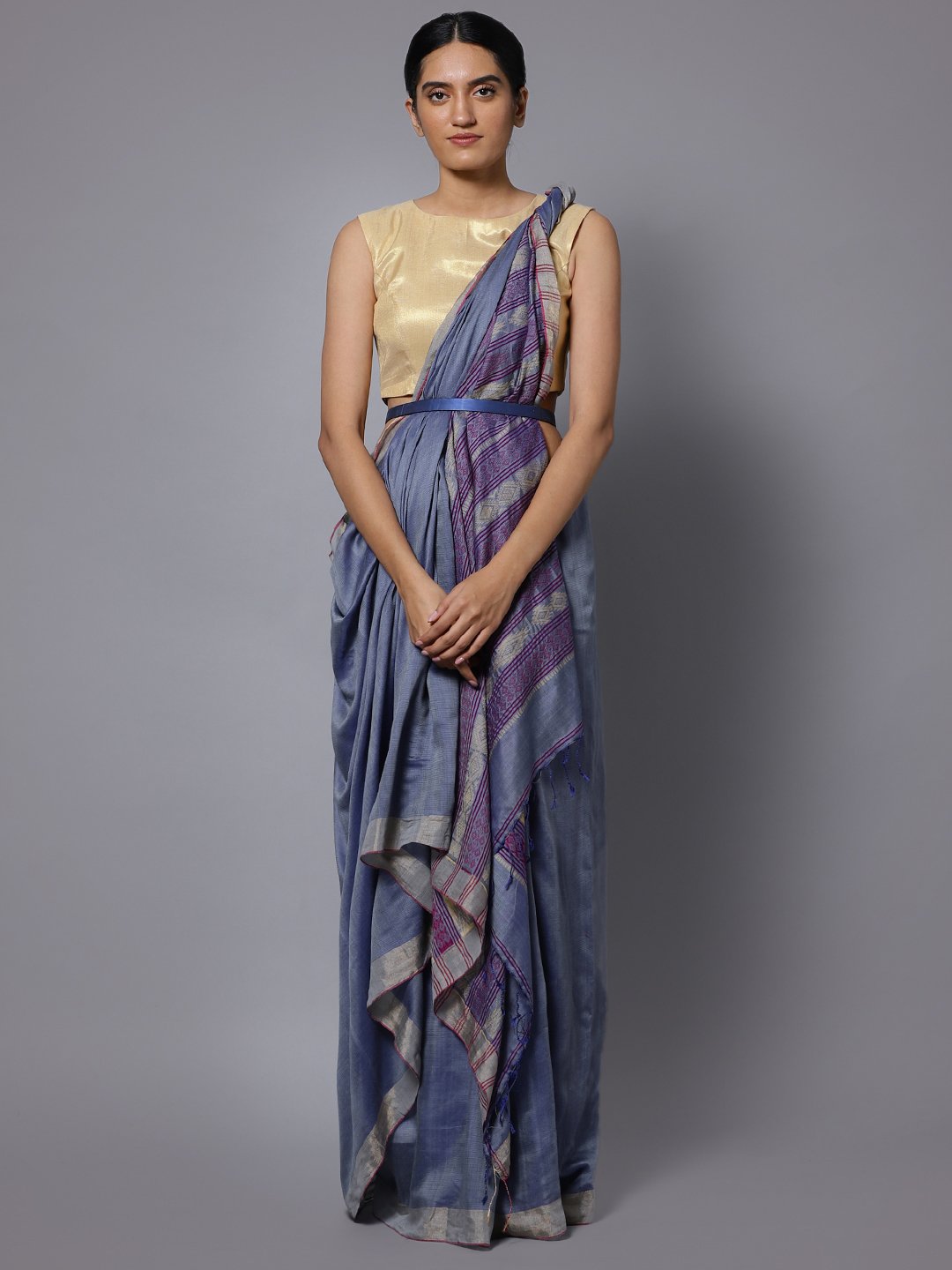 Blue grey bengal handloom cotton silk saree