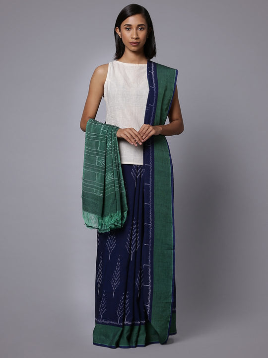 Ikat navy blue handloom cotton saree