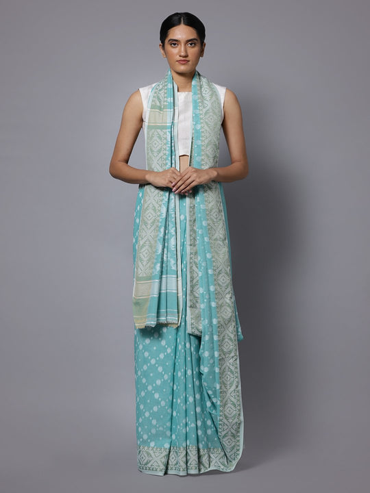 Aqua blue jamdani handloom cotton saree