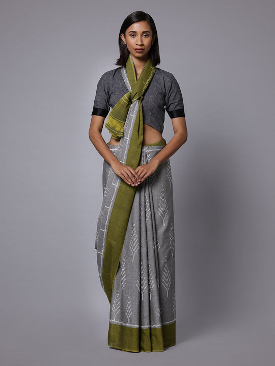 Grey green ikat handloom cotton saree