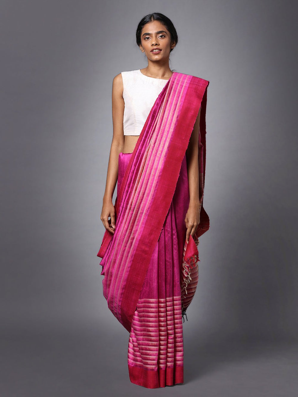 Pink striped handloom tussar silk saree