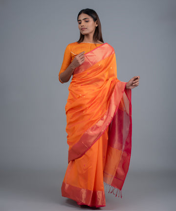 Orange pink handwoven maheshwari cotton silk saree