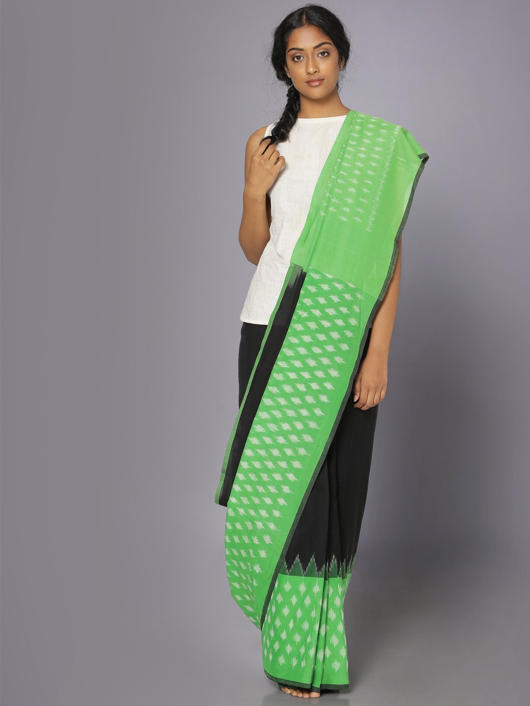Green & black ikat cotton saree