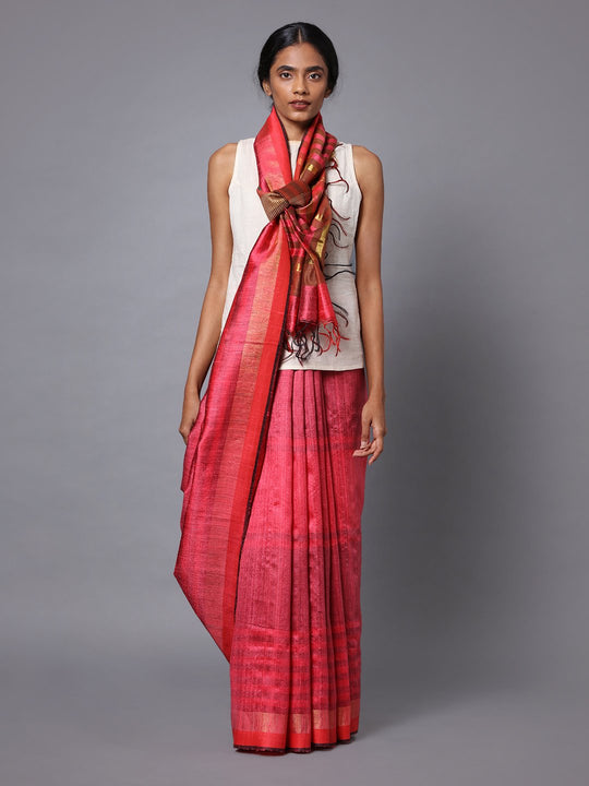 Pink red handloom tussar silk saree