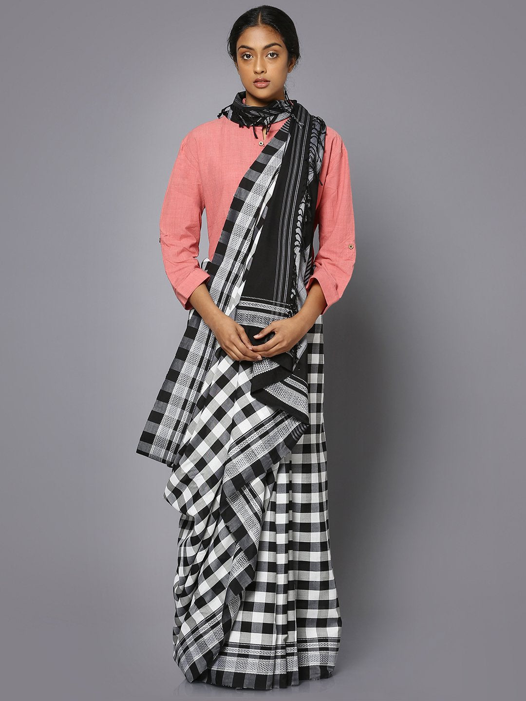 Black & white checkered ilkal cotton saree