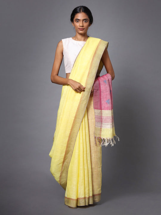 Light yellow handloom linen saree