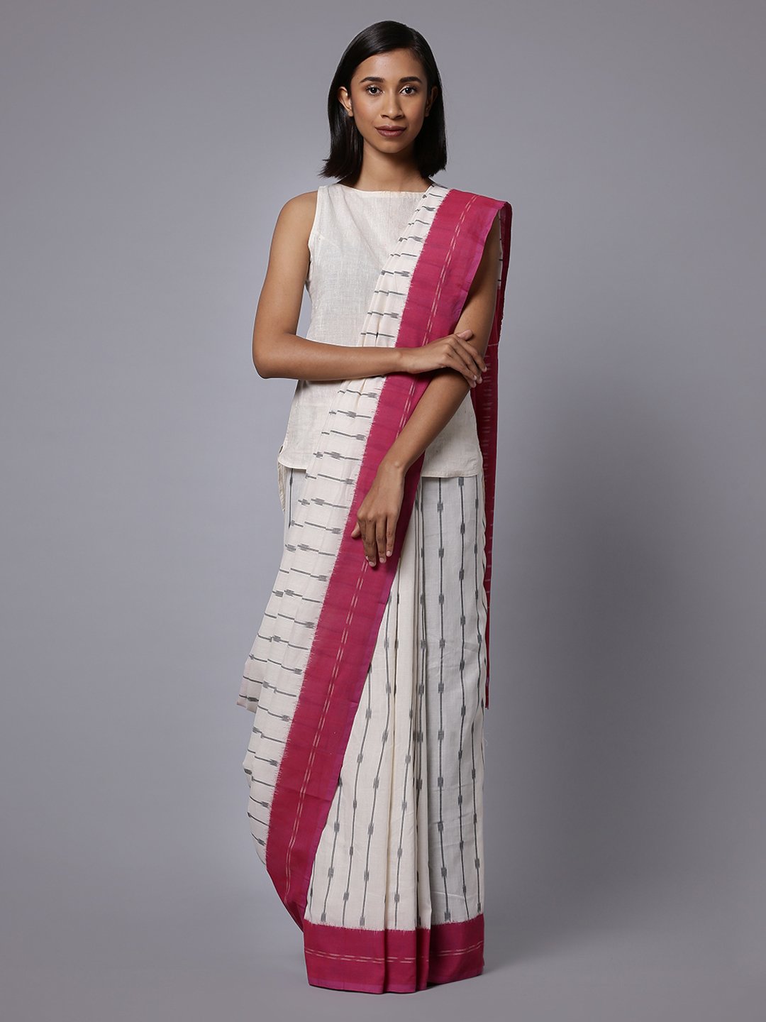 White pink ikat handloom cotton saree