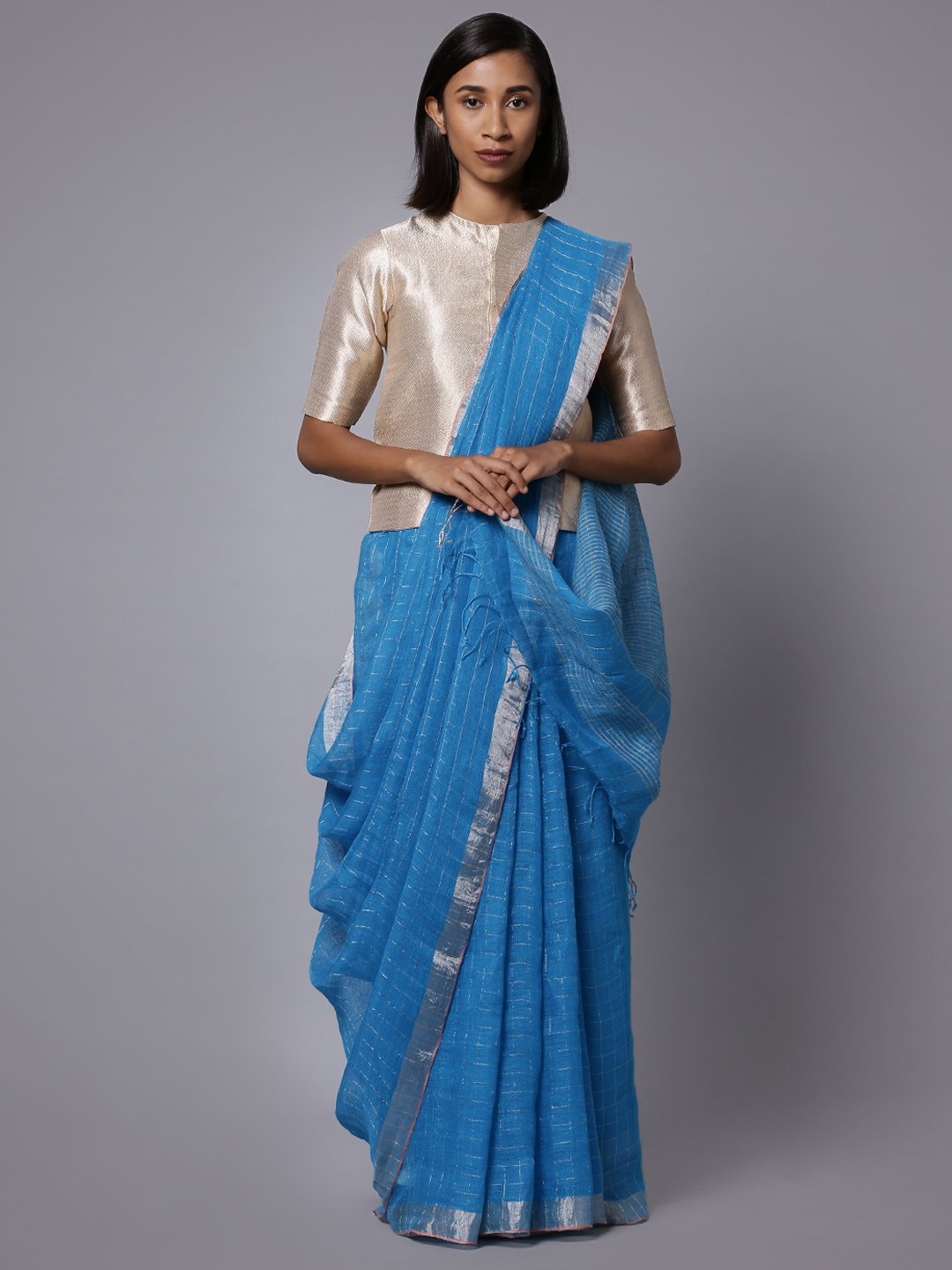 Sky blue linen handloom saree