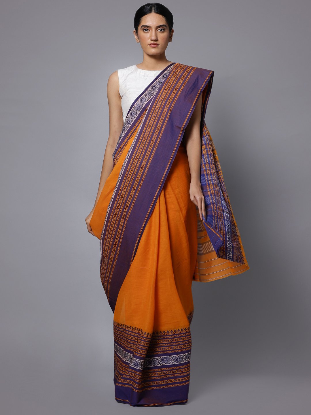 Orange handloom cotton bengal saree