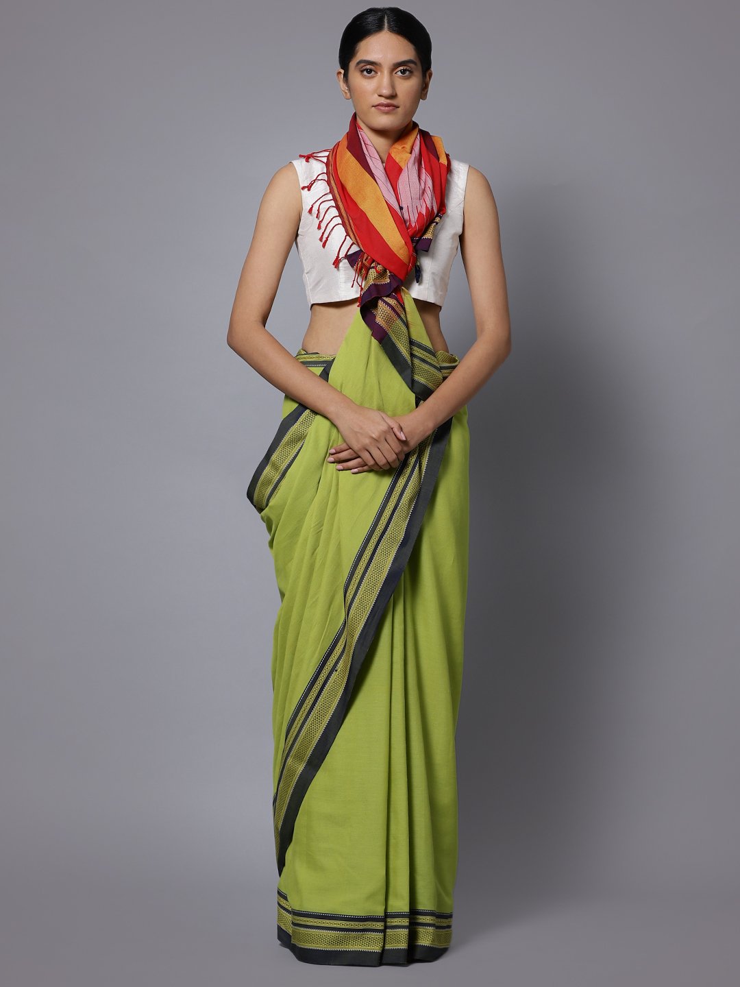 Lime green ilkal handloom cotton saree
