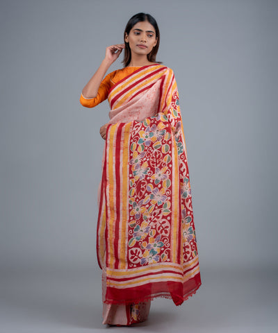 Pink red mulberry silk hand painted batik saree