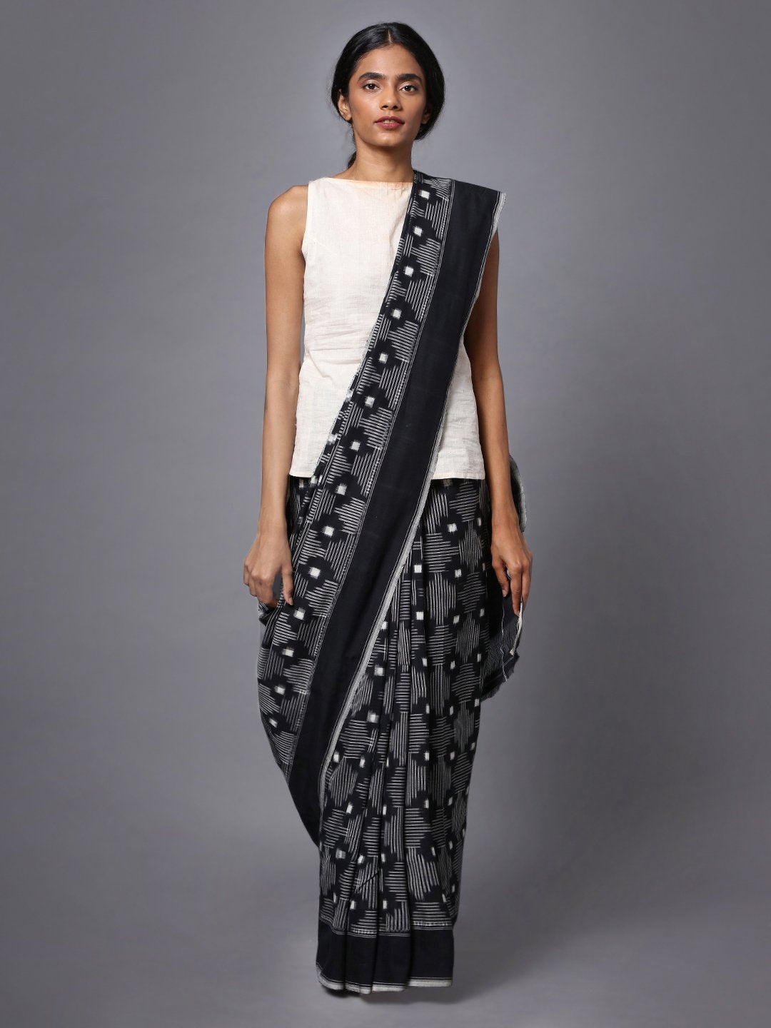 Black pochampally ikat handloom cotton saree