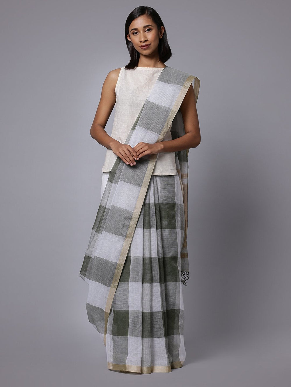 Grey white checks handloom cotton silk saree