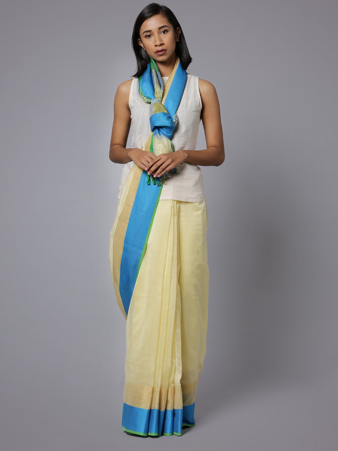 Cream maheshwari cotton silk handloom saree