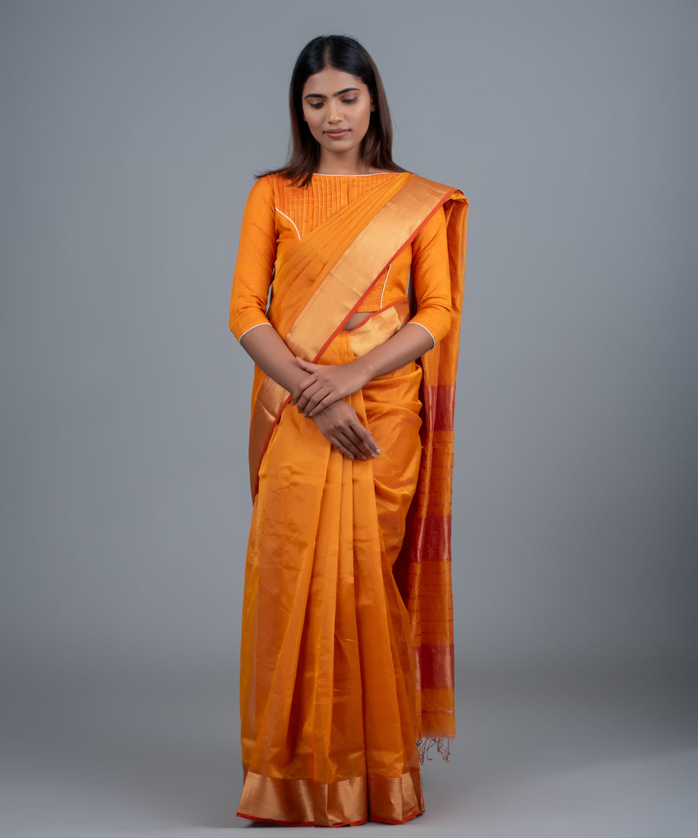 Orange handwoven maheshwari cotton silk saree
