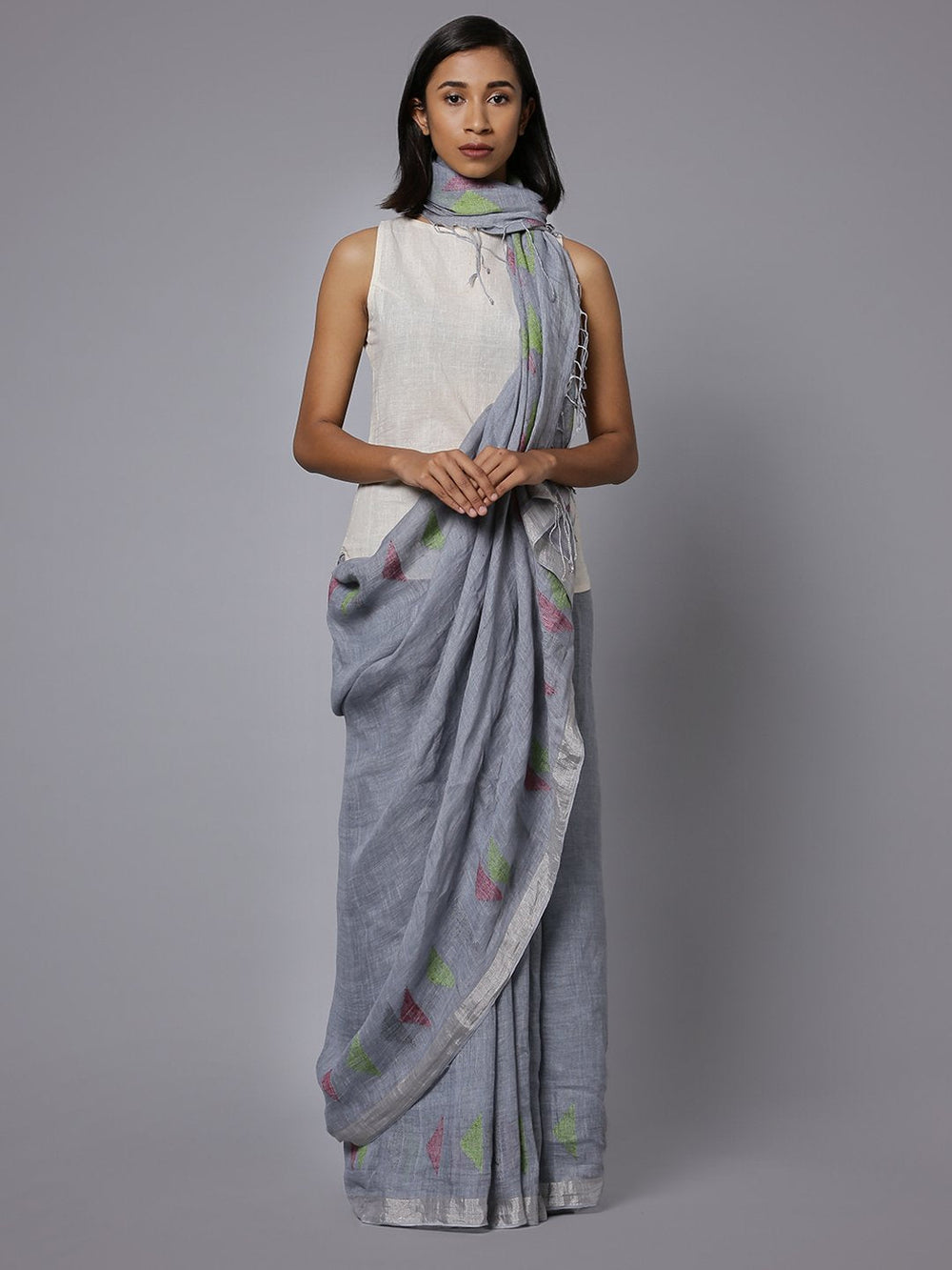 Grey jamdani linen handloom saree