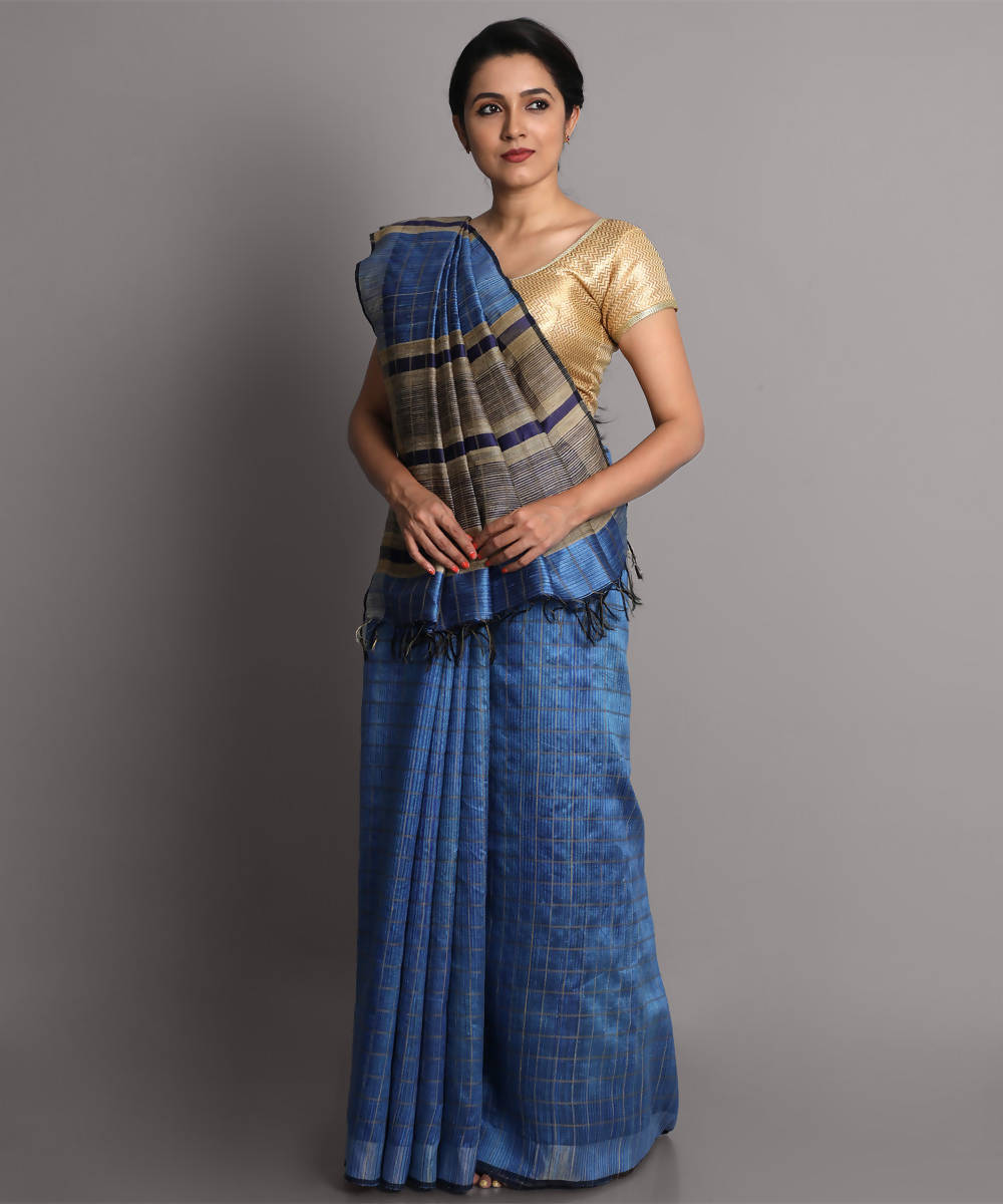 Blue handwoven tussar silk saree
