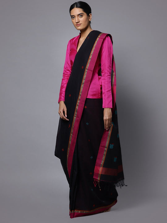 Black phulia jamdani handloom cotton saree