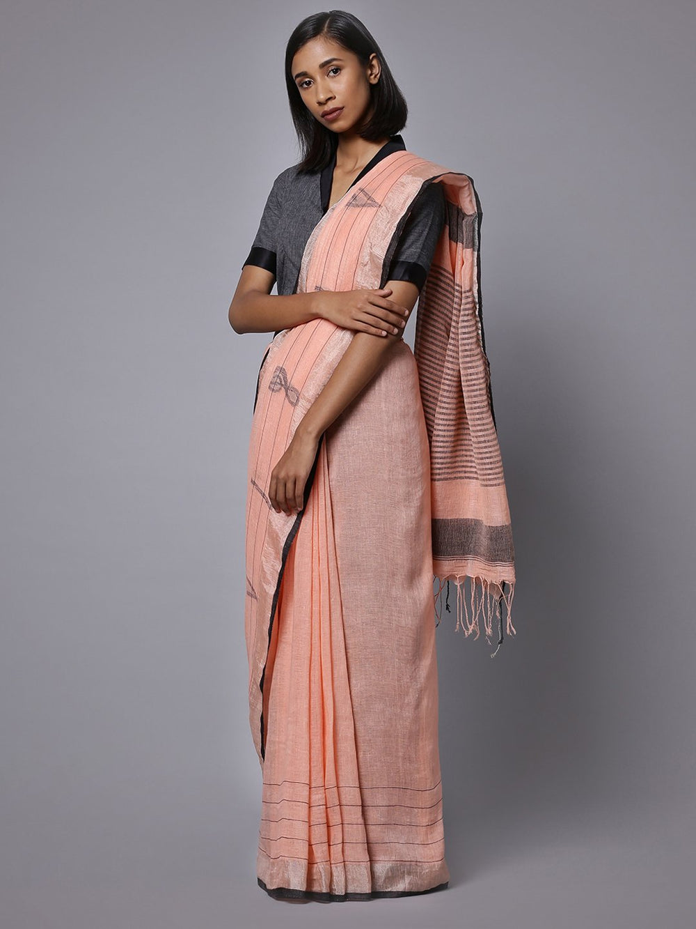 Light orange linen handloom saree