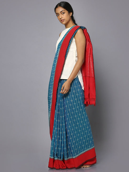 Blue & red ikat saree