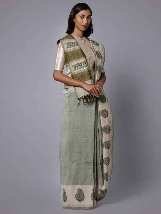 Light green handblock printed cotton saree
