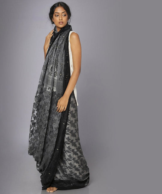 Black jamdani silk cotton saree