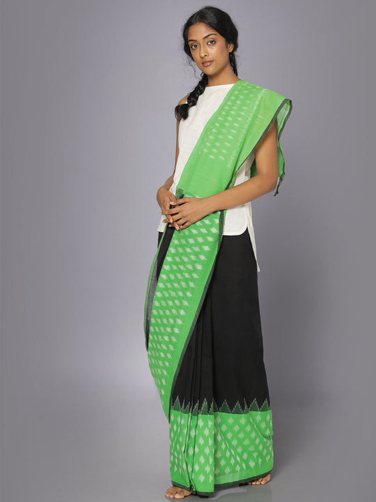 Green & black ikat cotton saree