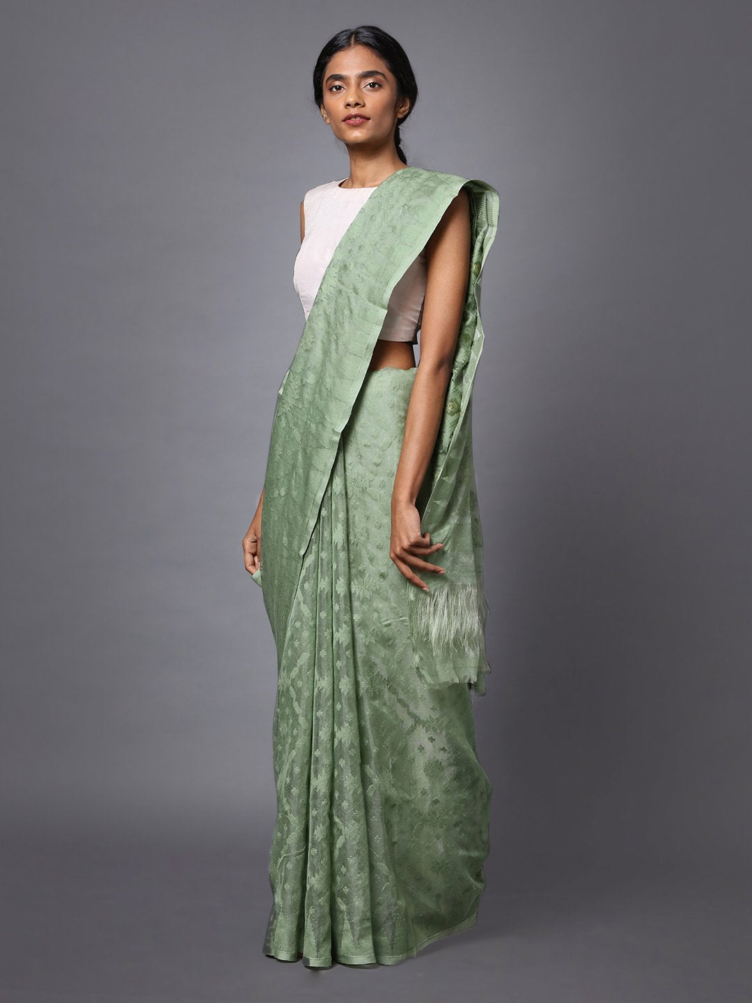 Sage green handloom jamdani cotton silk saree