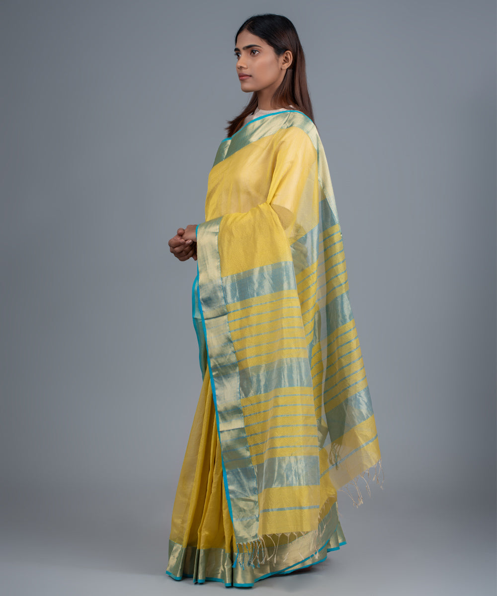 Yellow blue handwoven maheshwari cotton silk saree