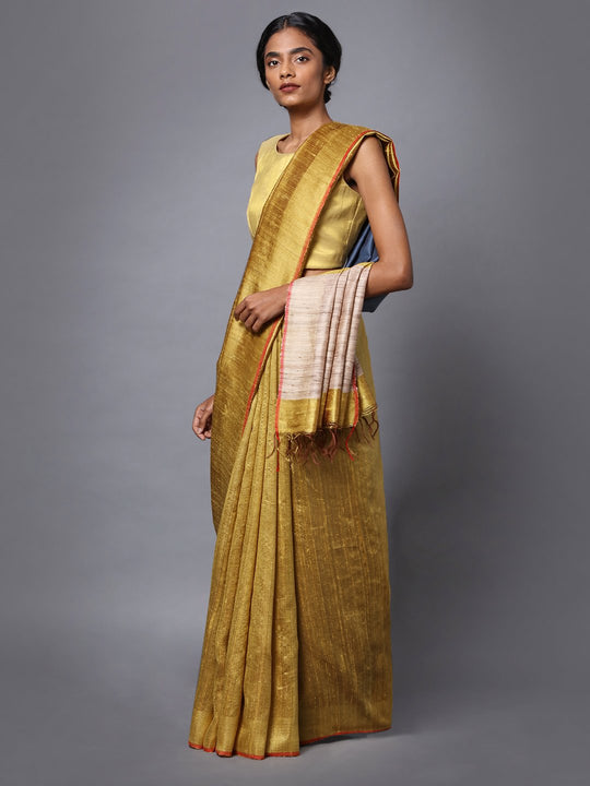 Golden yellow handloom tussar silk saree