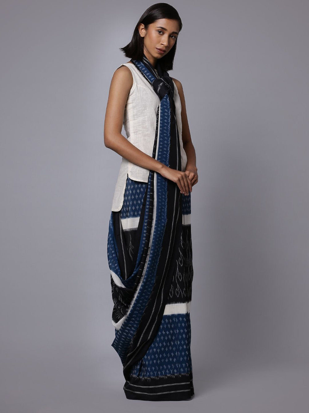 Blue black ikat handloom cotton pochampally saree