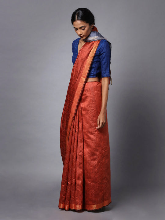 Brown red handloom tussar silk saree