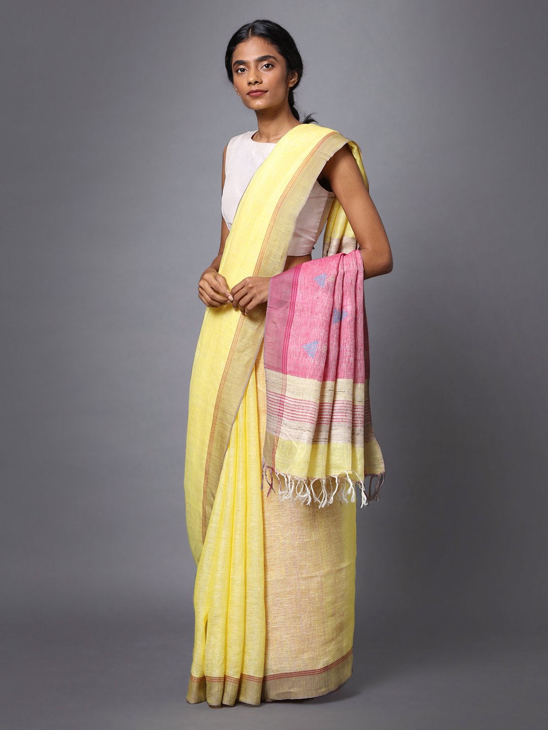 Light yellow handloom linen saree